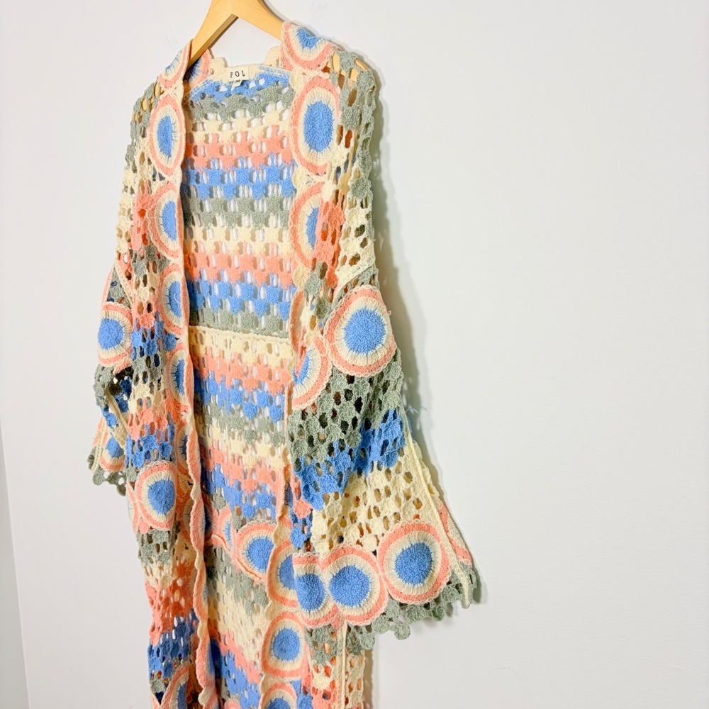 POL Dreamside Crochet Longline Open Front Cardigan Pastel Granny Square Boho OS - Picture 4 of 9